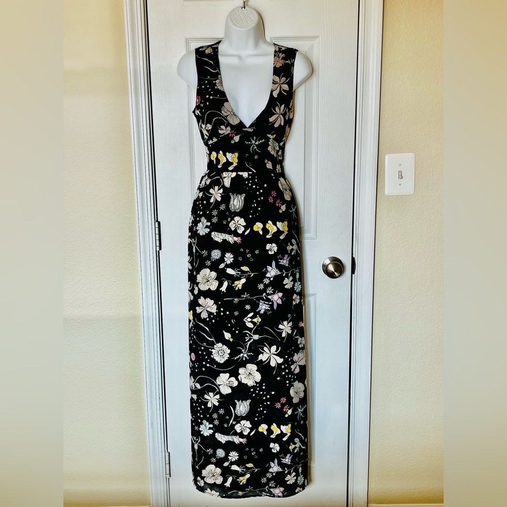H&M Black Floral V-Neck Maxi Dress with Yellow & Pink Accents